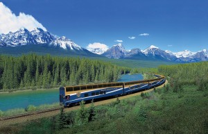 Rocky Mountaineer in the Canadian Rockies. Location is at Morant's Curve near Lake Louise, Alberta.