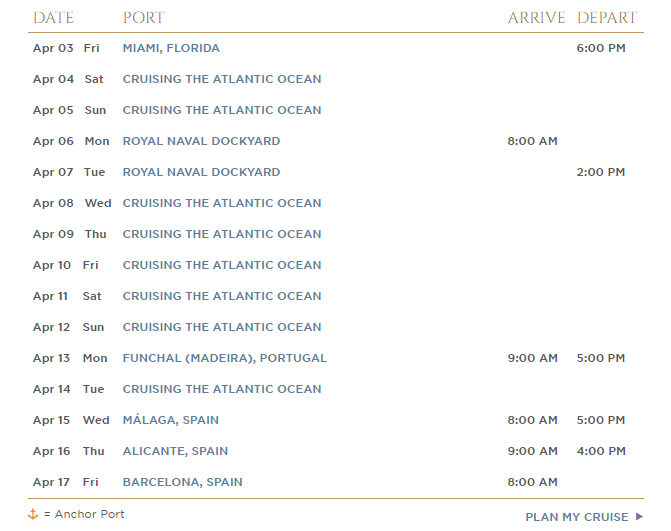 cruise ship departure times miami